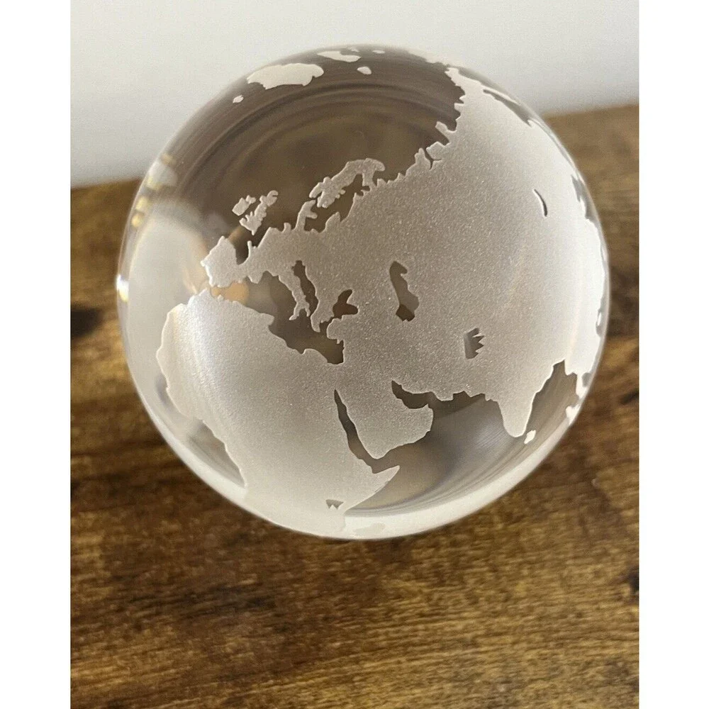 Vtg Clear WORLD MAP GLOBE Etched Glass Large Marble Paperweight Office Decor